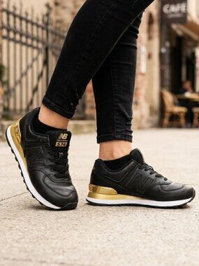 New Balance 574 Black with Metallic Gold Accents Women's Classic Sneakers Size 6